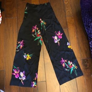 Etro Black Floral Wide Leg Silk Pants w/ Waistband